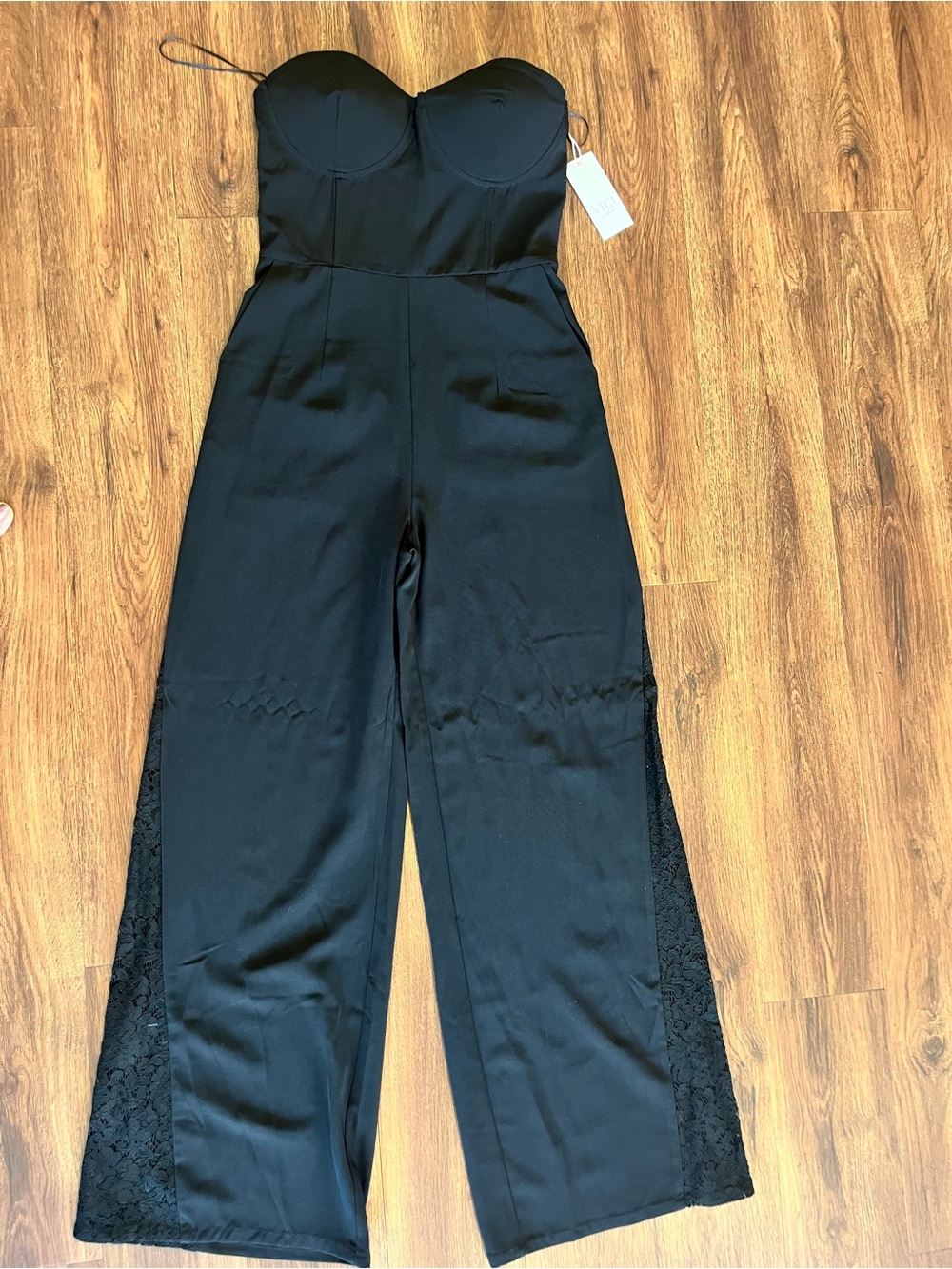 Vici Black Strapless Wide-Leg Jumpsuit with Lace Insets
